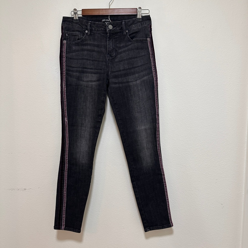 Dear John Joyrich Skinny‎ Jeans Womens 28 Black Velvet Purple Stripe Denim